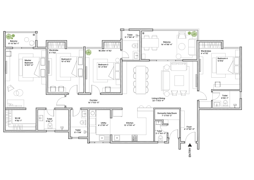 Indicative 4 BHK floor plan layout showing master bedroom, three further bedrooms, living and dining area, kitchen and domestic help room, in the Assetz design style