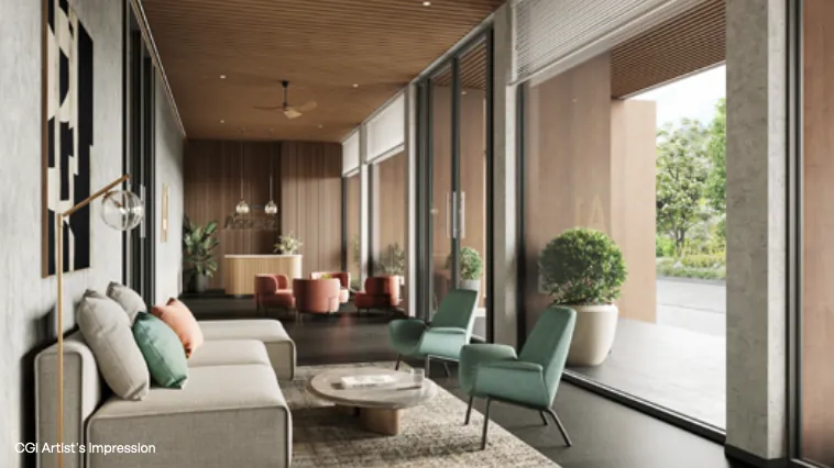 Indicative clubhouse lounge interior in the Assetz design and finish style, not a confirmed Assetz Mizu and Ki render