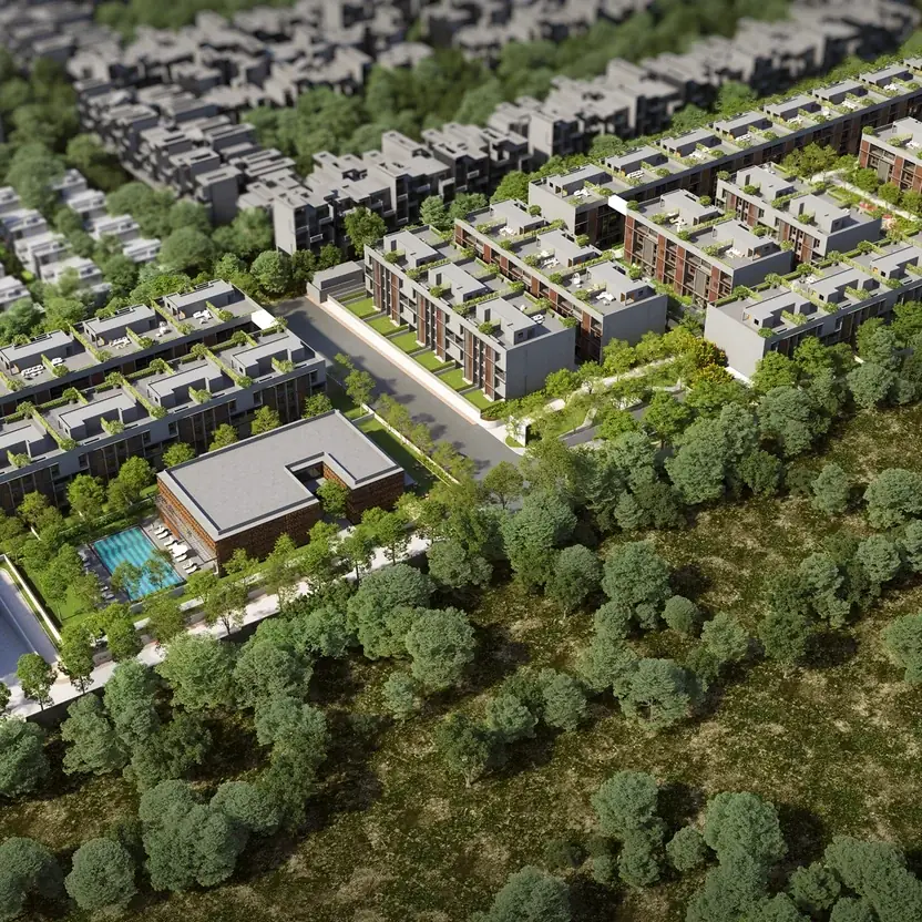 Aerial view of Assetz Mizu & Ki’s low-rise blocks among trees, artist’s impression