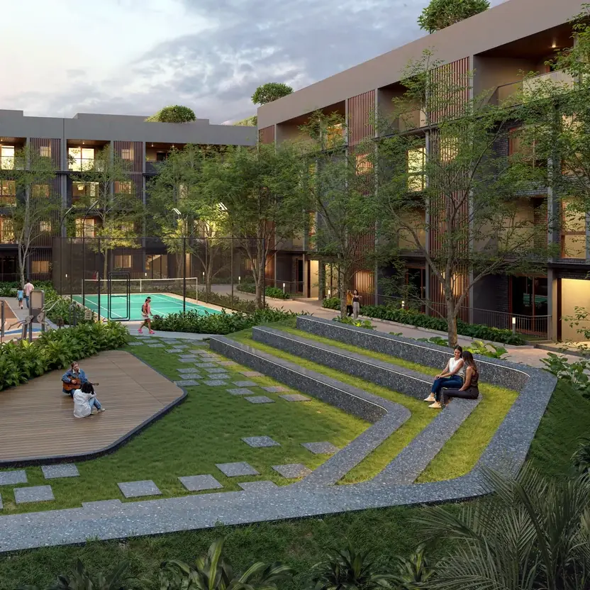 Stepped amphitheatre lawn between the blocks, artist’s impression