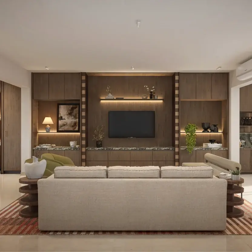 Living room with a marble floor and timber panelling, artist’s impression