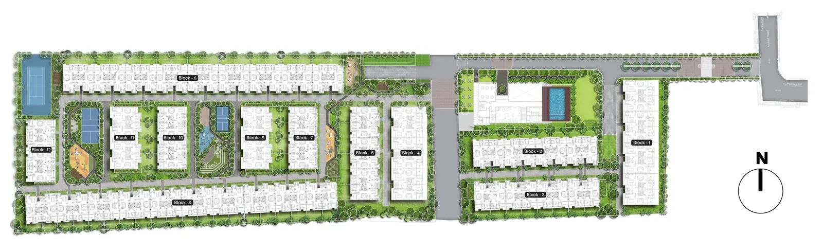 Assetz Mizu & Ki master plan with Blocks 1 to 12, the clubhouse, pool and courts