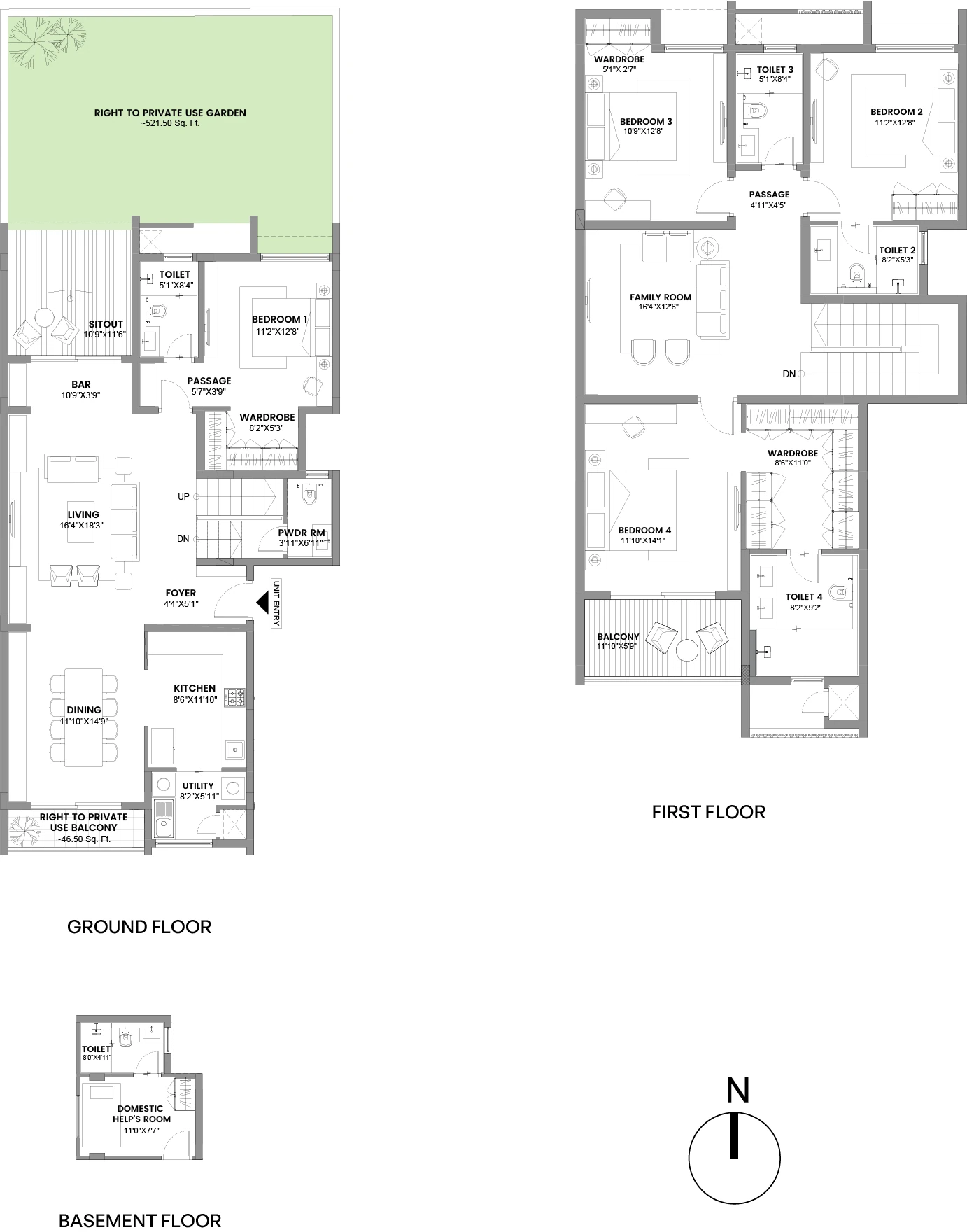 Floor plan of the 4 BHK Garden Villament (Type 01), ground, first and basement floors