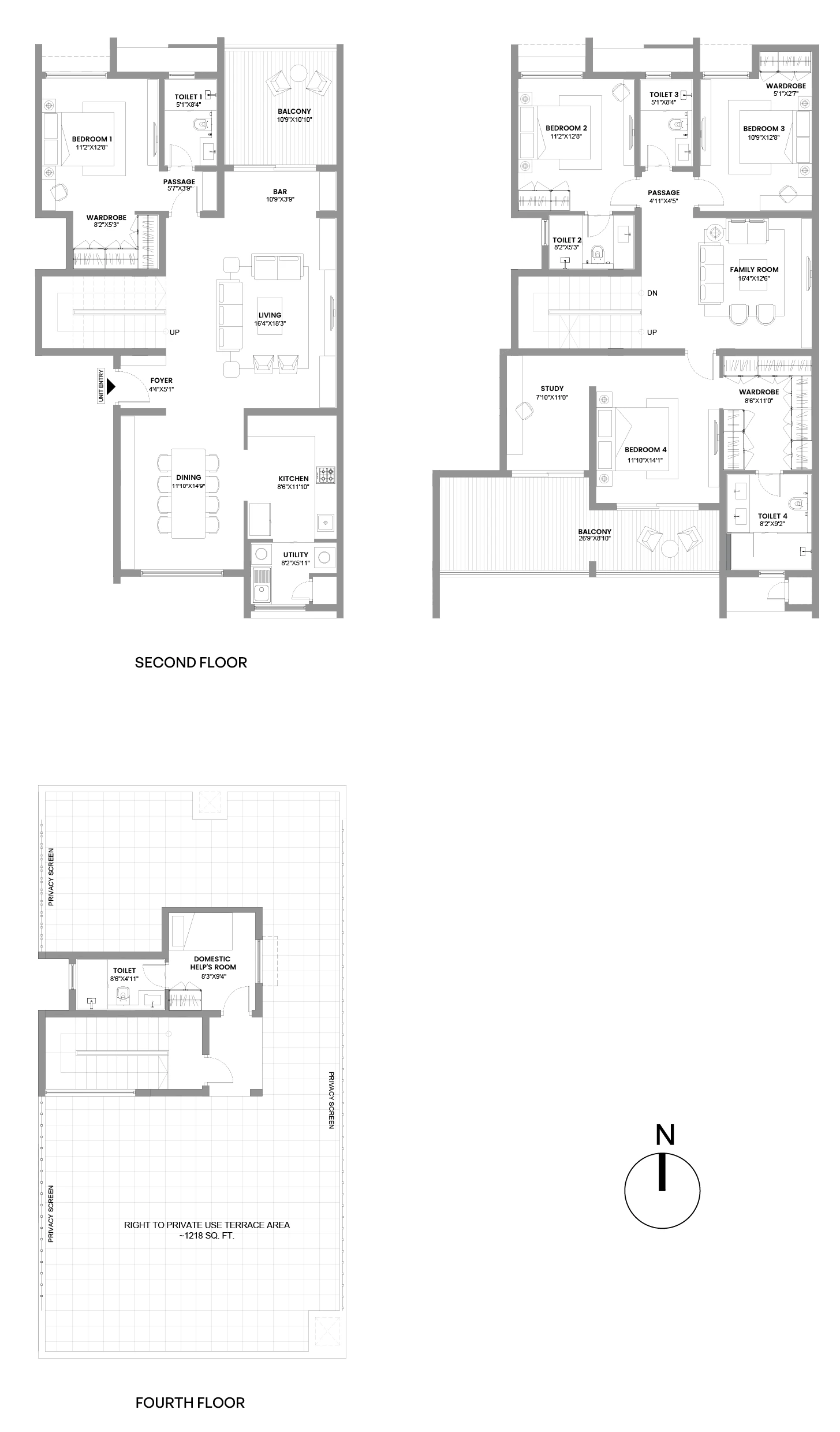 Floor plan of the 4 BHK Open Terrace Villament (Type 02), with its private terrace