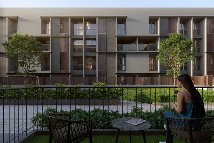 A villament block seen from a garden seat, artist’s impression