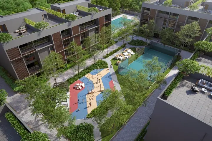 Aerial view of the clubhouse pool, courts and play area, artist’s impression