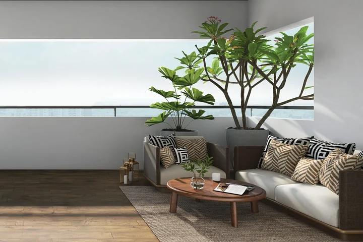 Terrace balcony with sofas and plants, artist’s impression